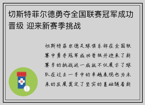 切斯特菲尔德勇夺全国联赛冠军成功晋级 迎来新赛季挑战 切斯特菲尔德勇夺全国联赛冠军成功晋级 迎来新赛季挑战